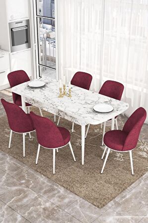 Rovena Sona Beyaz Mermer 70x114 Açılabilir Suntalam Mutfak Masası Takımı 6 Adet Sandalye