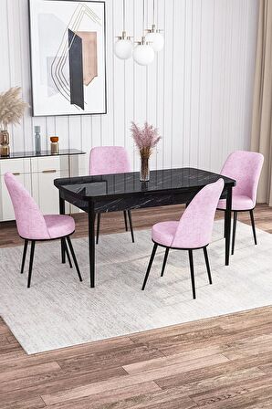 Rovena Sona Siyah Mermer 70x114 Açılabilir Suntalam Mutfak Masası Takımı 4 Adet Sandalye