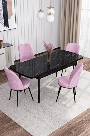 Rovena Sona Siyah Mermer 70x114 Açılabilir Suntalam Mutfak Masası Takımı 4 Adet Sandalye