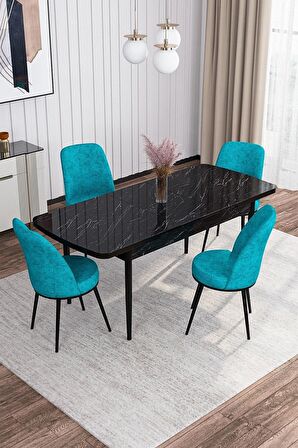 Rovena Sona Siyah Mermer 70x114 Açılabilir Suntalam Mutfak Masası Takımı 4 Adet Sandalye