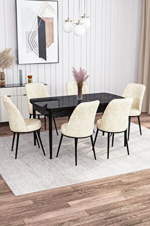 Rovena Sona Siyah Mermer 70x114 Açılabilir Suntalam Mutfak Masası Takımı 6 Adet Sandalye