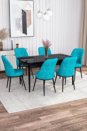 Rovena Sona Siyah Mermer 70x114 Açılabilir Suntalam Mutfak Masası Takımı 6 Adet Sandalye