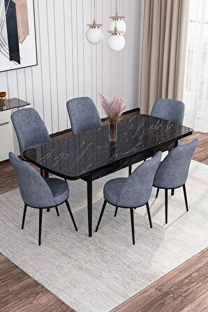 Rovena Sona Siyah Mermer 70x114 Açılabilir Suntalam Mutfak Masası Takımı 6 Adet Sandalye