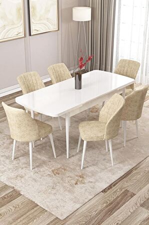 Rovena Lucca Beyaz 70x114 Açılabilir Suntalam Mutfak Masası Takımı 6 Adet Sandalye