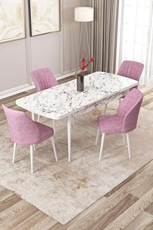 Rovena Lucca Beyaz Mermer 70x114 Açılabilir Suntalam Mutfak Masası Takımı 4 Adet Sandalye