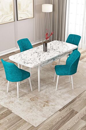 Rovena Lucca Beyaz Mermer 70x114 Açılabilir Suntalam Mutfak Masası Takımı 4 Adet Sandalye