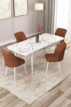 Rovena Lucca Beyaz Mermer 70x114 Açılabilir Suntalam Mutfak Masası Takımı 4 Adet Sandalye
