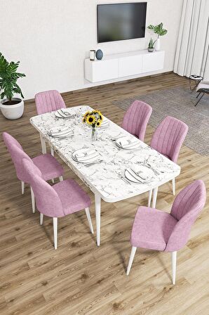 Rovena Lucca Beyaz Mermer 70x114 Açılabilir Suntalam Mutfak Masası Takımı 6 Adet Sandalye