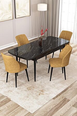 Rovena Lucca Siyah Mermer 70x114 Açılabilir Suntalam Mutfak Masası Takımı 4 Adet Sandalye