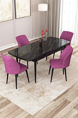 Rovena Lucca Siyah Mermer 70x114 Açılabilir Suntalam Mutfak Masası Takımı 4 Adet Sandalye