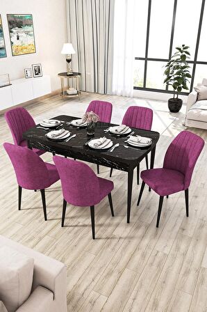 Rovena Lucca Siyah Mermer 70x114 Açılabilir Suntalam Mutfak Masası Takımı 6 Adet Sandalye