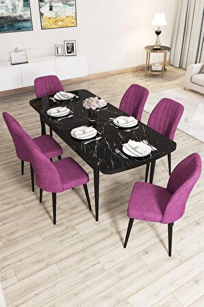 Rovena Lucca Siyah Mermer 70x114 Açılabilir Suntalam Mutfak Masası Takımı 6 Adet Sandalye