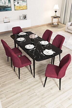 Rovena Lucca Siyah Mermer 70x114 Açılabilir Suntalam Mutfak Masası Takımı 6 Adet Sandalye