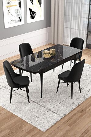 Rovena Rain Siyah Mermer 70x114 Açılabilir Mdf Mutfak Masası Takımı 4 Adet Sandalye