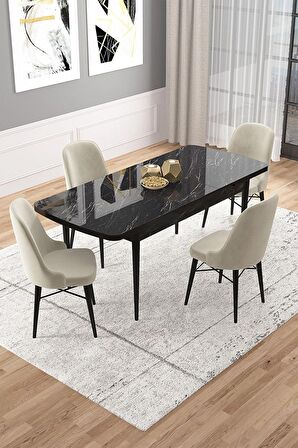 Rovena Rain Siyah Mermer 70x114 Açılabilir Mdf Mutfak Masası Takımı 4 Adet Sandalye