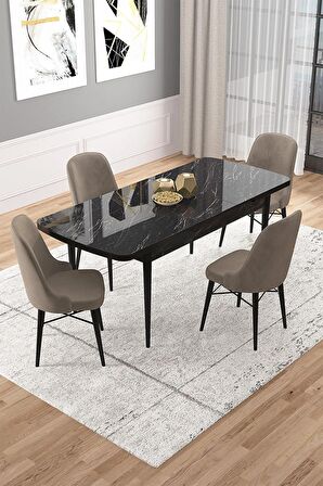 Rovena Rain Siyah Mermer 70x114 Açılabilir Mdf Mutfak Masası Takımı 4 Adet Sandalye