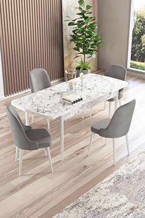 Rovena Amber Beyaz Mermer 70x114 Açılabilir Mdf Mutfak Masası Takımı 4 Adet Sandalye