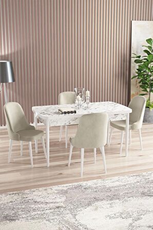 Rovena Amber Beyaz Mermer 70x114 Açılabilir Mdf Mutfak Masası Takımı 4 Adet Sandalye