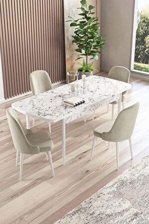 Rovena Amber Beyaz Mermer 70x114 Açılabilir Mdf Mutfak Masası Takımı 4 Adet Sandalye