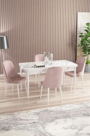 Rovena Amber Beyaz Mermer 70x114 Açılabilir Mdf Mutfak Masası Takımı 4 Adet Sandalye