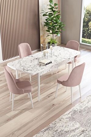 Rovena Amber Beyaz Mermer 70x114 Açılabilir Mdf Mutfak Masası Takımı 4 Adet Sandalye