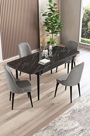 Rovena Amber Siyah Mermer 70x114 Açılabilir Mdf Mutfak Masası Takımı 4 Adet Sandalye