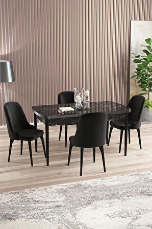 Rovena Amber Siyah Mermer 70x114 Açılabilir Mdf Mutfak Masası Takımı 4 Adet Sandalye