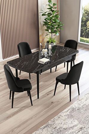 Rovena Amber Siyah Mermer 70x114 Açılabilir Mdf Mutfak Masası Takımı 4 Adet Sandalye