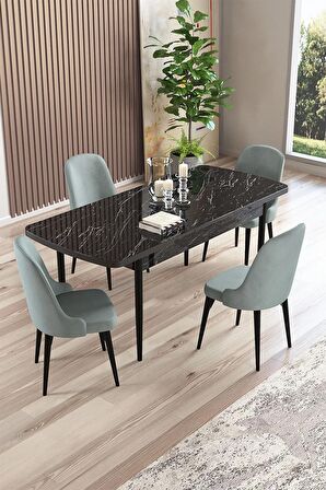 Rovena Amber Siyah Mermer 70x114 Açılabilir Mdf Mutfak Masası Takımı 4 Adet Sandalye
