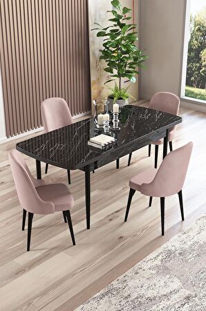 Rovena Amber Siyah Mermer 70x114 Açılabilir Mdf Mutfak Masası Takımı 4 Adet Sandalye