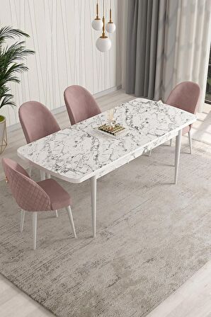 Rovena Talia Beyaz Mermer 70x114 Açılabilir Mdf Mutfak Masası Takımı 4 Adet Sandalye