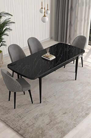Rovena Talia Siyah Mermer 70x114 Açılabilir Mdf Mutfak Masası Takımı 4 Adet Sandalye