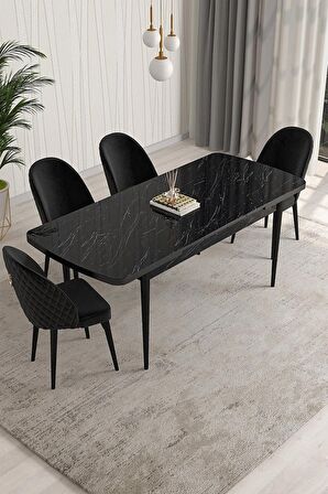 Rovena Talia Siyah Mermer 70x114 Açılabilir Mdf Mutfak Masası Takımı 4 Adet Sandalye
