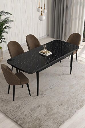 Rovena Talia Siyah Mermer 70x114 Açılabilir Mdf Mutfak Masası Takımı 4 Adet Sandalye
