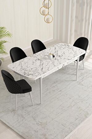 Rovena Liora Beyaz Mermer 70x114 Açılabilir Mdf Mutfak Masası Takımı 4 Adet Sandalye