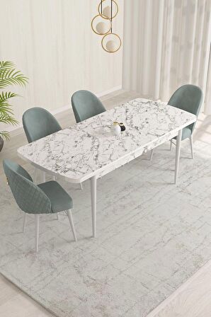 Rovena Liora Beyaz Mermer 70x114 Açılabilir Mdf Mutfak Masası Takımı 4 Adet Sandalye