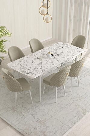 Rovena Liora Beyaz Mermer 70x114 Açılabilir Mdf Mutfak Masası Takımı 6 Adet Sandalye