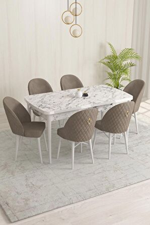 Rovena Liora Beyaz Mermer 70x114 Açılabilir Mdf Mutfak Masası Takımı 6 Adet Sandalye