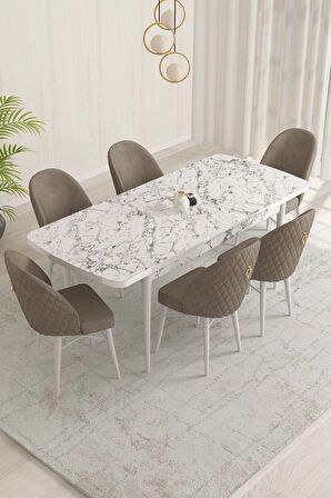 Rovena Liora Beyaz Mermer 70x114 Açılabilir Mdf Mutfak Masası Takımı 6 Adet Sandalye