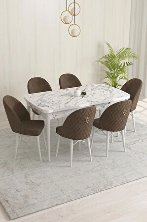 Rovena Liora Beyaz Mermer 70x114 Açılabilir Mdf Mutfak Masası Takımı 6 Adet Sandalye