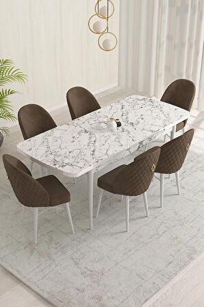 Rovena Liora Beyaz Mermer 70x114 Açılabilir Mdf Mutfak Masası Takımı 6 Adet Sandalye