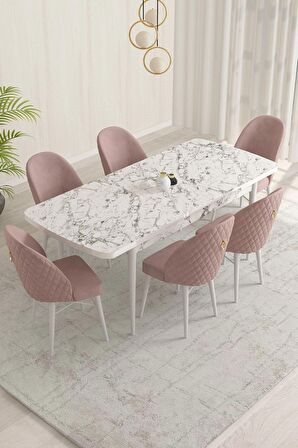 Rovena Liora Beyaz Mermer 70x114 Açılabilir Mdf Mutfak Masası Takımı 6 Adet Sandalye