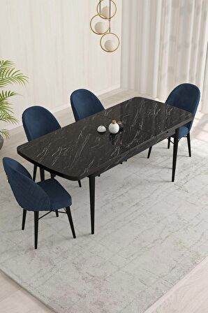 Rovena Liora Siyah Mermer 70x114 Açılabilir Mdf Mutfak Masası Takımı 4 Adet Sandalye