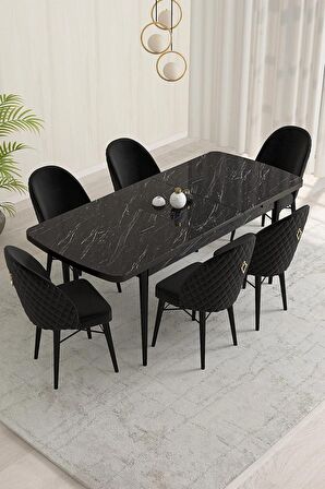 Rovena Liora Siyah Mermer 70x114 Açılabilir Mdf Mutfak Masası Takımı 6 Adet Sandalye