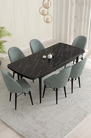 Rovena Liora Siyah Mermer 70x114 Açılabilir Mdf Mutfak Masası Takımı 6 Adet Sandalye