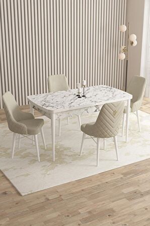 Rovena Almira Beyaz Mermer 70x114 Açılabilir Mdf Mutfak Masası Takımı 4 Adet Sandalye