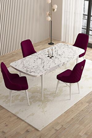 Rovena Almira Beyaz Mermer 70x114 Açılabilir Mdf Mutfak Masası Takımı 4 Adet Sandalye
