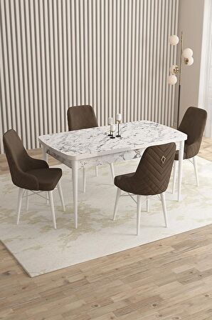 Rovena Almira Beyaz Mermer 70x114 Açılabilir Mdf Mutfak Masası Takımı 4 Adet Sandalye