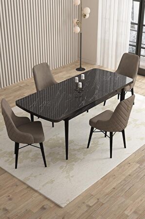 Rovena Almira Siyah Mermer 70x114 Açılabilir Mdf Mutfak Masası Takımı 4 Adet Sandalye
