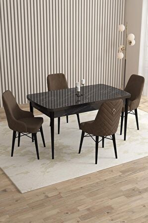 Rovena Almira Siyah Mermer 70x114 Açılabilir Mdf Mutfak Masası Takımı 4 Adet Sandalye